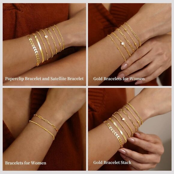 Gold Bracelets for Women Set 7 Styles Layering Hypoallergenic Waterproof - Picture 2 of 6